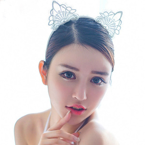 Serre-tête en dentelle soluble dans l'eau avec oreilles de chat, accessoire capillaire mignon pour streamer sexy, soirée en boîte de nuit, cosplay, fille lapin, séduisant - Product Image 3