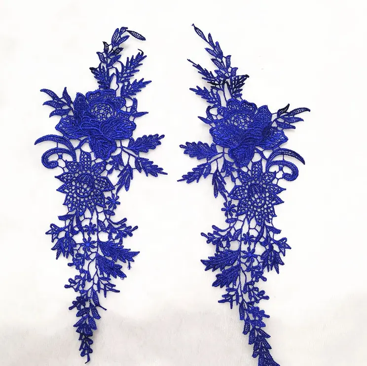 Royal blue water soluble lace applique flower pair for garment neck