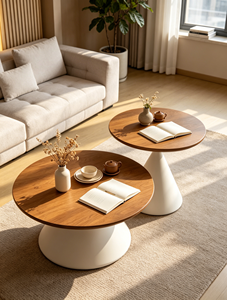 Round Wood Coffee <b>Table</b> with White Base Modern Minimalist Living Room Furniture <b>Nesting</b> Design for Home Use - Product Image 6