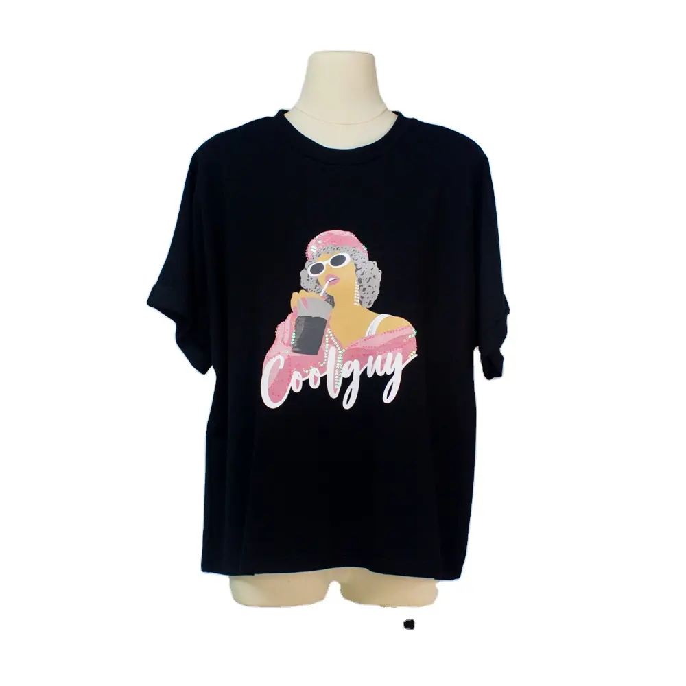 High Street Explore Fashion Forward Casual T-shirts with Pink Portrait Prints Sparkling Sequin Embellishments Women's shirt