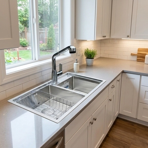 Évier de cuisine double en acier inoxydable fait main, style ferme, à encastrer sous plan, à deux trous, pour usage domestique - Product Image 6