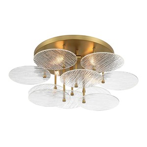 Brass & Striated Glass Layered Art Modern Flush Mount Ceiling <b>Light</b> | Stylish Lighting for Hotel Lobby & Designer Project - Product Image 1