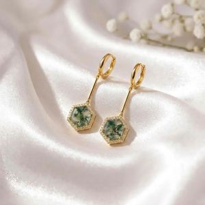 Natural Moss Agate Gemstone <b>Earrings</b> Hexagon Cut <b>Dangle</b> <b>Earrings</b> with Cubic Zirconia Accent in Sterling Silver or 18K <b>Gold</b> - Product Image 4