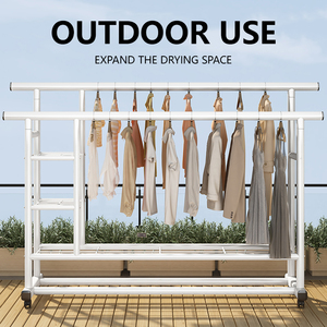 Porte-vêtements multifonctionnel en métal à double tringle CF avec étagères de rangement épaisses, support vertical sur pied pour balcon, séchoir à linge - Product Image 2