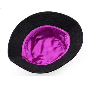 Broderie personnalisée noir denim bleu jean brillant satin soie doublé seau casquette casquettes chapeau chapeaux pour les femmes avec doublure en satin