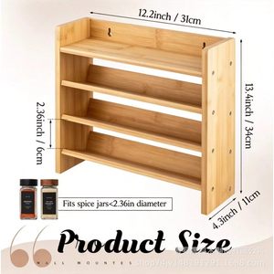 Étagère à épices en bois massif à 4 niveaux, murale, pour ranger les épices et autres articles de cuisine - Product Image 4