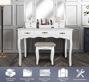 Grande coiffeuse rétro avec miroir, <span class=keywords><strong>6</strong></span> <span class=keywords><strong>tiroirs</strong></span>, table de maquillage, table à langer de luxe avec grand miroir - Product Image 3