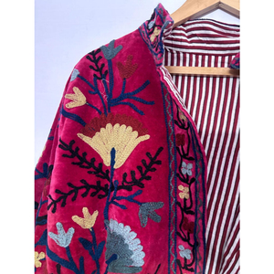 <b>Women</b> Burgundy Red Velvet <b>Embroidered</b> <b>Jacket</b> with Multicolor Floral Botanical Pattern Designer Bohemian Ethnic <b>Jacket</b> Collection - Product Image 6