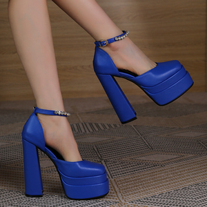 PU Leather Fancy Girl's High <b>Heel</b> Shoes Fashion Square Toe Thick Platform Sandals Summer Women Dress <b>Heel</b> Shoes Diamonds Size 43 - Product Image 3