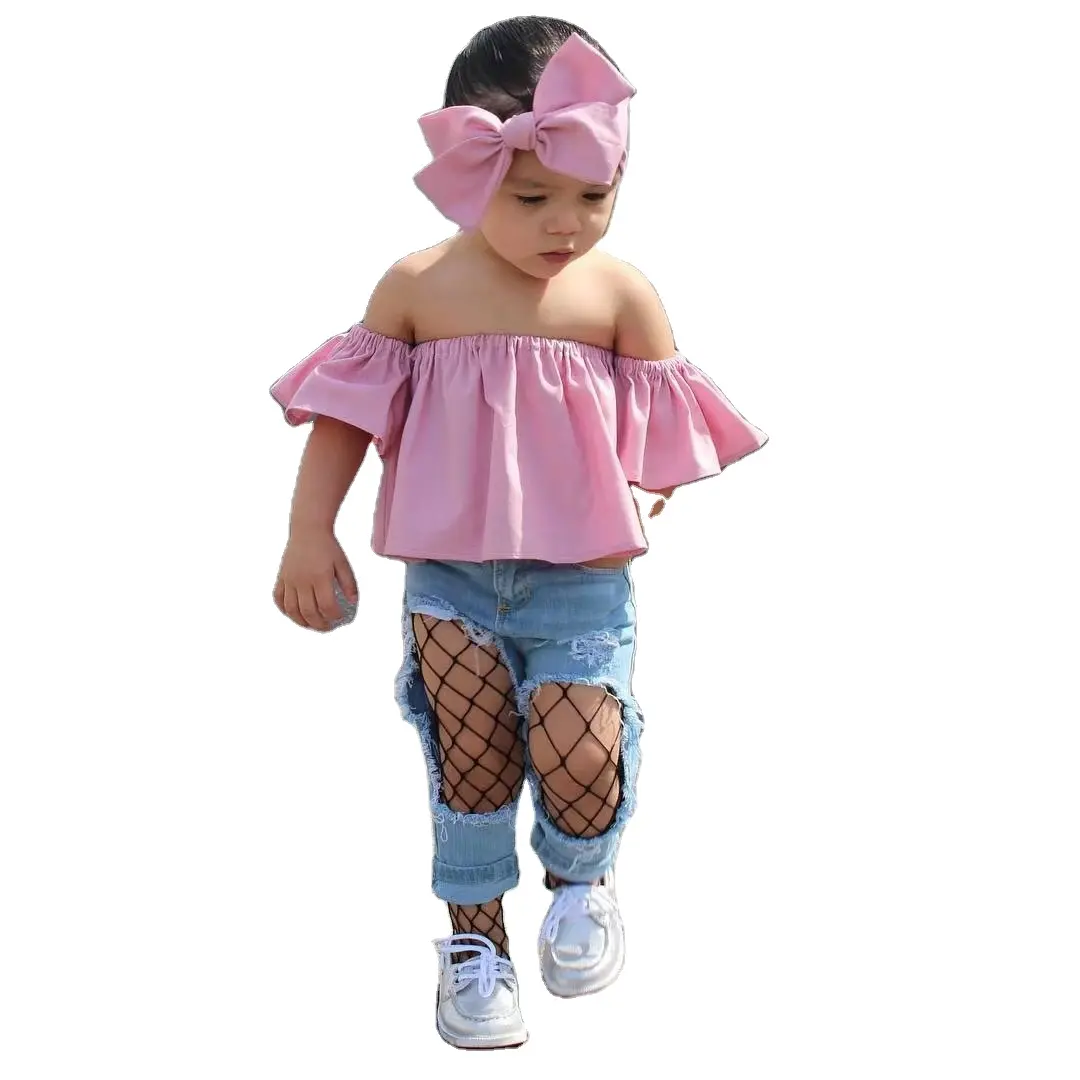 2024 European and American ins hot children's wear girls' strapless top + fishing net hole jeans three-piece set