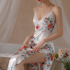 印花冰丝性感蕾丝v领高缝无背诱惑舒适透气吊带睡裙套装 - Product Image 5