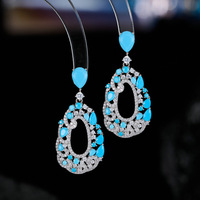 Pendientes Largos de Aro Hueco con Incrustaciones de Turquesa Azul y Circonita, Estilo Retro Europeo Americano, para Mujer