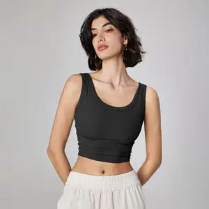 Lady Quick Dry Round Neck U Back Slim Fitted Ribbed Yoga Crop Top Breathable Summer Half Fixed Built-in Gym Tops