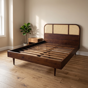 Cadre de lit en bois avec panneaux en rotin, lit plateforme marron, meubles de chambre à coucher - Product Image 4