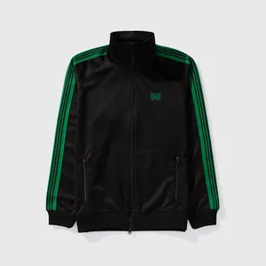 Fashion Unlined Embroidered Logo Two Side Zip Pockets Sides Contrasting Woven Green Stripes Custom Track Jacket