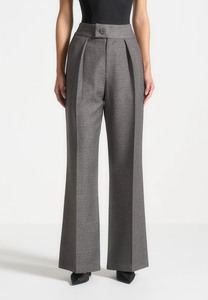 Women's Gray Wool Blend Two-Piece Suit <b>Set</b> With Notched Lapel Cropped <b>Blazer</b> And Wide Leg Pants Formal Wear Full Length - Product Image 4