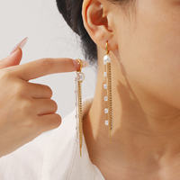 Boucles d'oreilles pendantes longues H&C Bohemia plaquées or 18 carats avec perles et zircons, en acier inoxydable, pour femmes