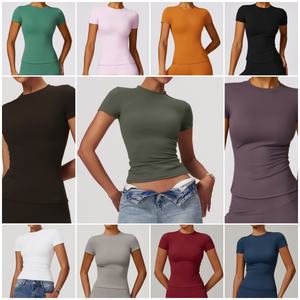 Mulheres Simples Secagem Rápida Yoga Esportes Top Senhora Manga Curta Camisa Running Feminino Candy Color Fitness T Shirt - Product Image 1