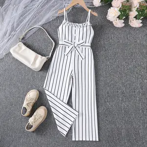 Summer 2024 Girls Jumpsuits Ruffled Suspenders Striped Ruffle Belt Cami Jumpsuit Clothes For Teenage Girls 7-14T Girls Clothing