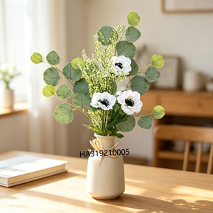 <span class=keywords><strong>Bouquet</strong></span> de fleurs artificielles réalistes, anémones blanches avec centres noirs, brindilles de verdure, eucalyptus pour vase, décoration de fête nuptiale - Product Image 2