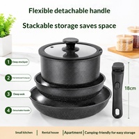 Ensemble de 3 ustensiles de cuisson empilables antiadhésifs avec poignée détachable, comprenant une marmite, une poêle et un wok en granit moucheté, avec couvercles en verre, gain de place