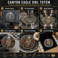 Pièce de monnaie commémorative 3D personnalisée en relief, motif Aigle Hibou Totem, finition antique, pièce de défi, cadeau souvenir, vente en gros, usine OEM ODM