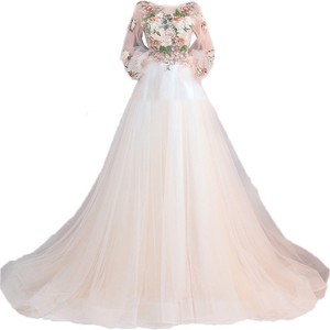 A-Line Chiffon Wedding Dress With Floral Embroidery O-Neck Long Sleeve Empire Waistline Bridal Gown Light Champagne Color - Product Image 5