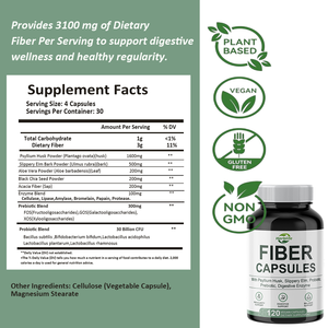 Capsules de fibres OEM avec Psyllium Husk, Orme Rouge, Probiotiques, Prébiotiques, Enzymes Digestives, Supplément Végétalien pour la Santé Intestinale, 120 Capsules - Product Image 2