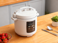 Cuisinière électrique à pression numérique programmable 8-en-1, acier inoxydable blanc brillant, capacité 5,1-6,0 L, 1000 W, icônes alimentaires colorées