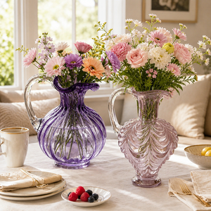 Vase en verre soufflé à la main avec poignée, carafe décorative pour fleurs, pour la table à manger et la décoration du salon - Product Image 5