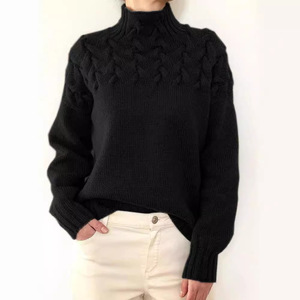 Suéter de <span class=keywords><strong>cuello</strong></span> <span class=keywords><strong>alto</strong></span> de punto trenzado para <span class=keywords><strong>mujer</strong></span>, estilo vintage, texturizado, de manga larga, holgado, con puños acanalados para uso diario - Product Image 3