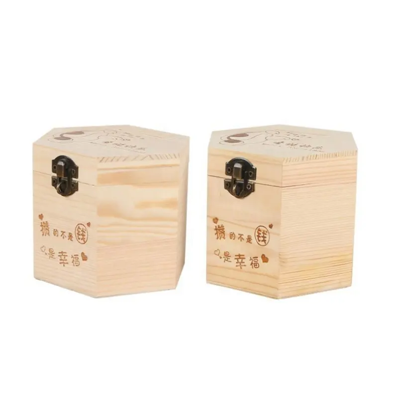 Hexagon Christmas wood Gift Box Natural Wooden Apple Box Kids Hinged Wood Money Saving Box