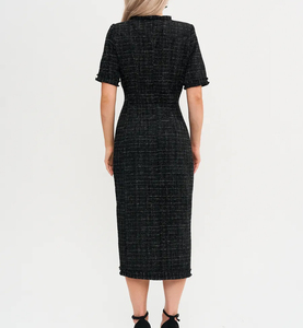 Nuovo Arrivo: Elegante Abito <span class=keywords><strong>Midi</strong></span> Nero da Donna, Stile Francese Casual, Tinta Unita, Maniche Corte, Bottoni Frontali, Eco-Friendly, Vintage, Aderente in Vita - Product Image 2