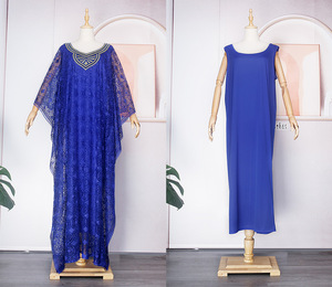 Ensemble <span class=keywords><strong>3</strong></span> <span class=keywords><strong>Pièces</strong></span> Dashiki Robes Africaines pour Femmes Printemps Été, Longue Robe Musulmane avec Intérieur et Foulard, Vêtements Africains - Product Image 2