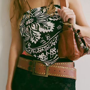 <span class=keywords><strong>Ceinture</strong></span> large en cuir personnalisée pour femme, avec double rangée de clous dorés, <span class=keywords><strong>boucle</strong></span> carrée en laiton vintage et grands rivets décoratifs - Product Image 3
