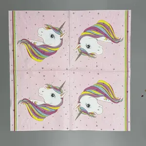 Tisu pesta anak perempuan, perlengkapan pesta ulang tahun tema Unicorn, set peralatan makan pesta sekali pakai serbet Unicorn