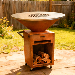 Barbecue moderne en acier Corten avec foyer, finition mate, chariot de rangement pour bois et roues, pour l'extérieur - Product Image 5