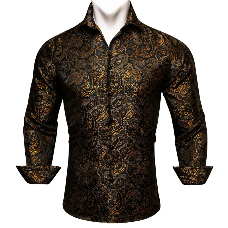 Gold Paisley Silk Men Shirts Long Sleeve Casual Flower Shirts For Men