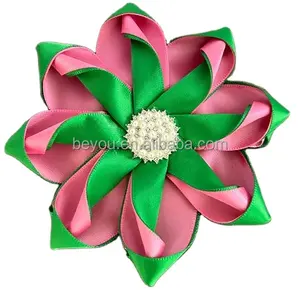 Bros Yunani bentuk bunga satin kualitas tinggi kustom merah muda hijau berlian imitasi Grup sosial