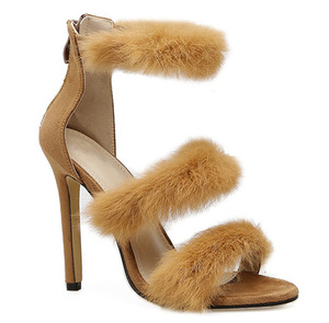 <span class=keywords><strong>Scarpe</strong></span> stile Vintage arancione <span class=keywords><strong>tacco</strong></span> alto rosa caldo sandalo Sexy con decorazione di pelliccia - Product Image 3