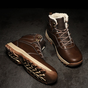 Bottes de neige pour hommes, hauteur de la cheville, en cuir véritable, doublure en peluche, chaudes, antidérapantes, semelle épaisse, bout rond, grande taille - Product Image 2