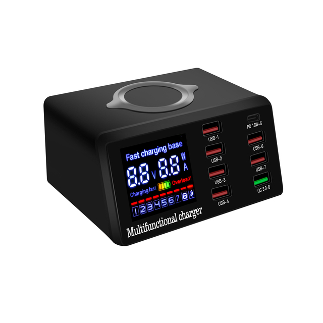 USB 8-Port Smart Fast Desktop Wall Charging Station  PD 18W QC3.0 Quick Charge Wireless for Phone/Laptop/Tablet