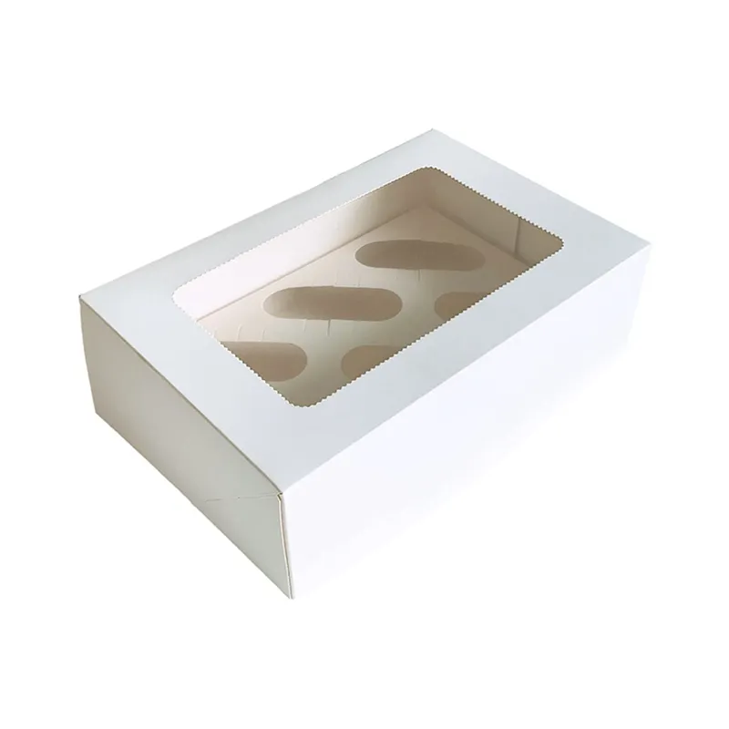 Cajas de embalaje biodegradables pequeñas para repostería, de lujo, color blanco, con tapa transparente, 6 soportes