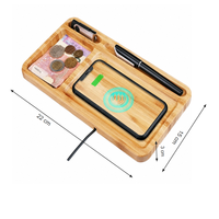 Plateau en bambou laqué avec zone de charge sans fil, organiseur de bureau pour smartphone et montre, rangement quotidien