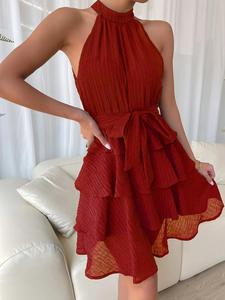 Abito Sexy Casual da donna estivo su misura con cintura rossa appesa al collo arricciata con orlo basso senza maniche abito senza maniche intrecciato naturale - Product Image 4