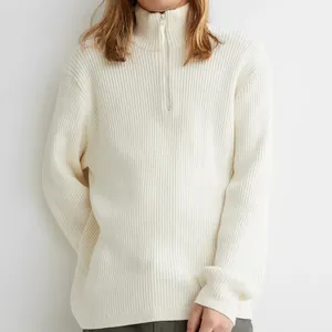 Изготовленный На Заказ пуловер из хлопка в рубчик с воротником-стойкой и половинным замком-молнией с заниженной линией плеч с длинным рукавом для мужчин, мужской свитер