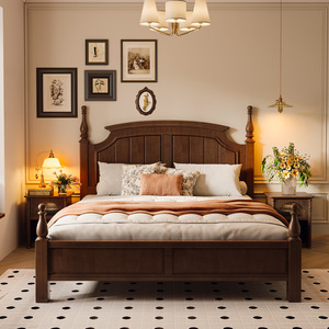 Lit en bois massif de style rétro américain, lit plateforme double de 1,8 m, couleur noyer, style français et d'Asie du Sud-Est, meubles de chambre à coucher - Product Image 2