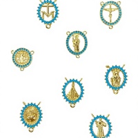 Breloques médailles catholiques plaquées or 18 carats avec strass bleus et connecteurs à double boucle pour la fabrication de bijoux de chapelet DIY