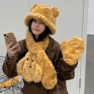 Chapeau de pêcheur moelleux à oreilles d'ours mignon, <span class=keywords><strong>gants</strong></span> chauds, écharpe de dessin animé, cache-cou d'hiver, 100% acrylique, style image - Product Image 1
