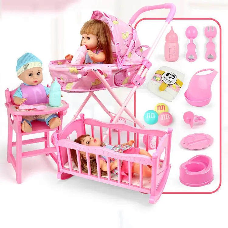 3 in 1 Play at home children pretend school crib dining funny gift Folding baby lovely doll set with trolley toy